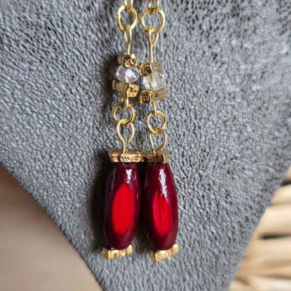 Burgundy Wood & Crystal Beaded Dangle Earrings Mixed New & Repurposed Materials
